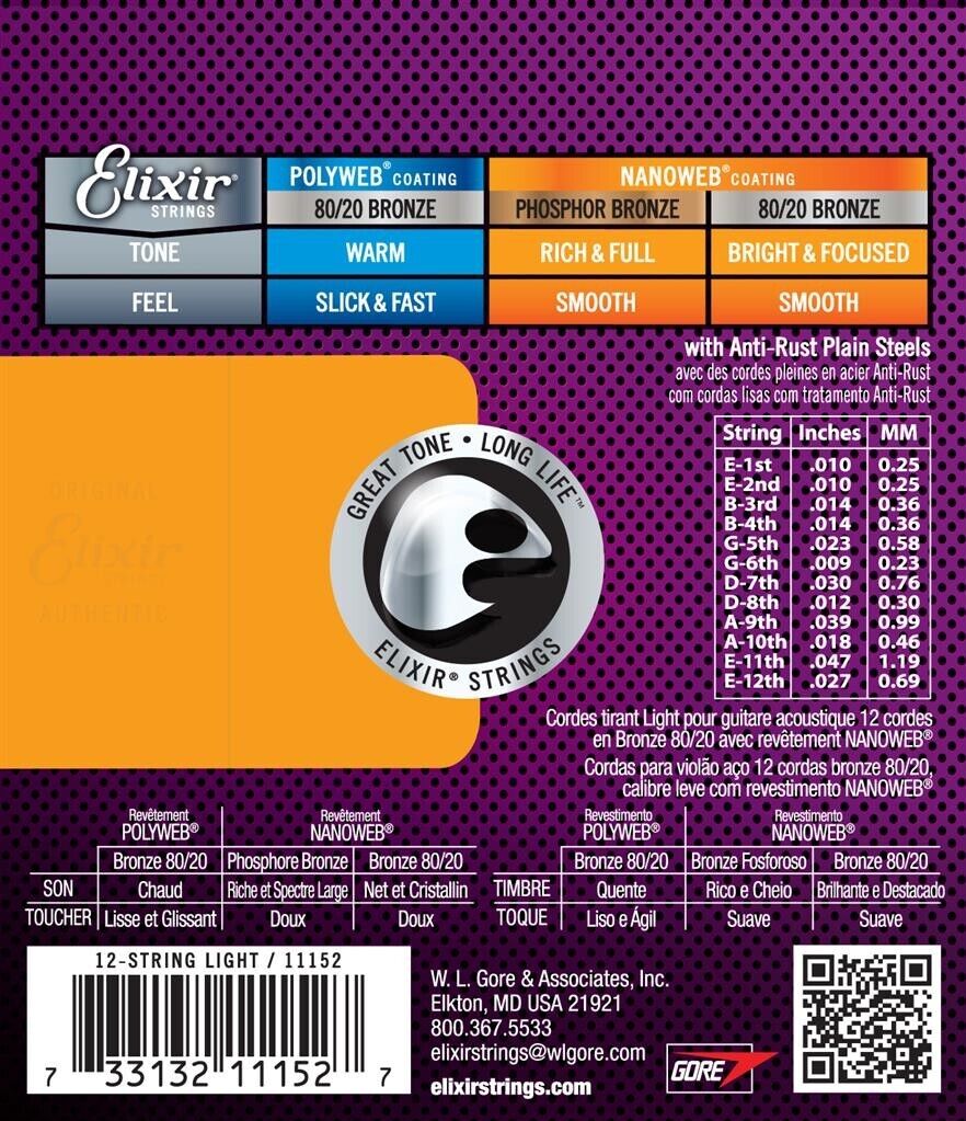 Elixir Nanoweb Coated 12 String 10-47 Light 80/20 Bronze Acoustic 16152