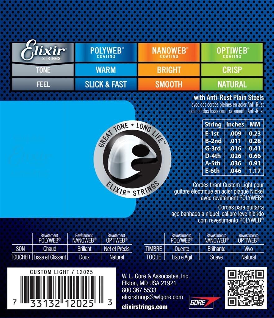 Elixir Polyweb Coated 09-46 Custom Light Nickel Electric Guitar Strings 12025