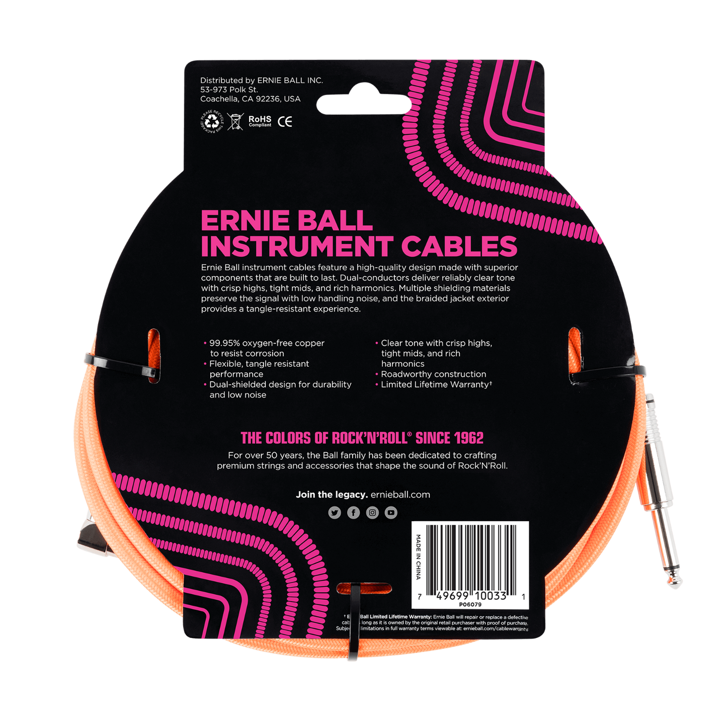 Ernie Ball 10ft Braided Neon Orange Tangle Free Guitar / Instrument Cable Lead