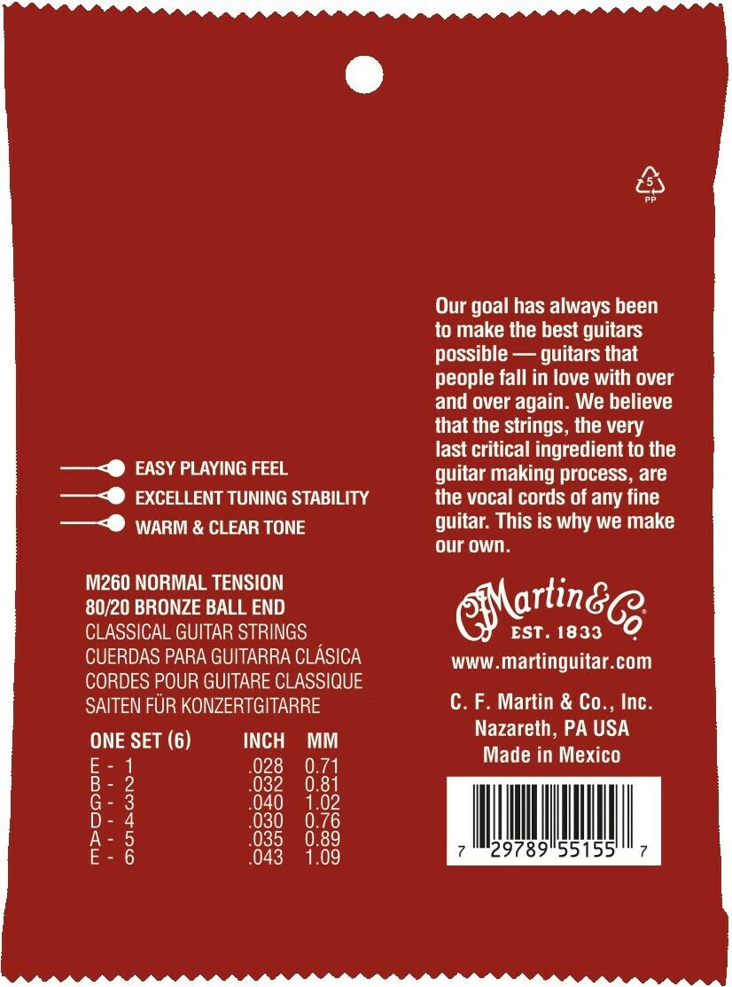 Martin Classical Bronze Wound 28-43 Normal Tension Ball End Guitar Strings M260