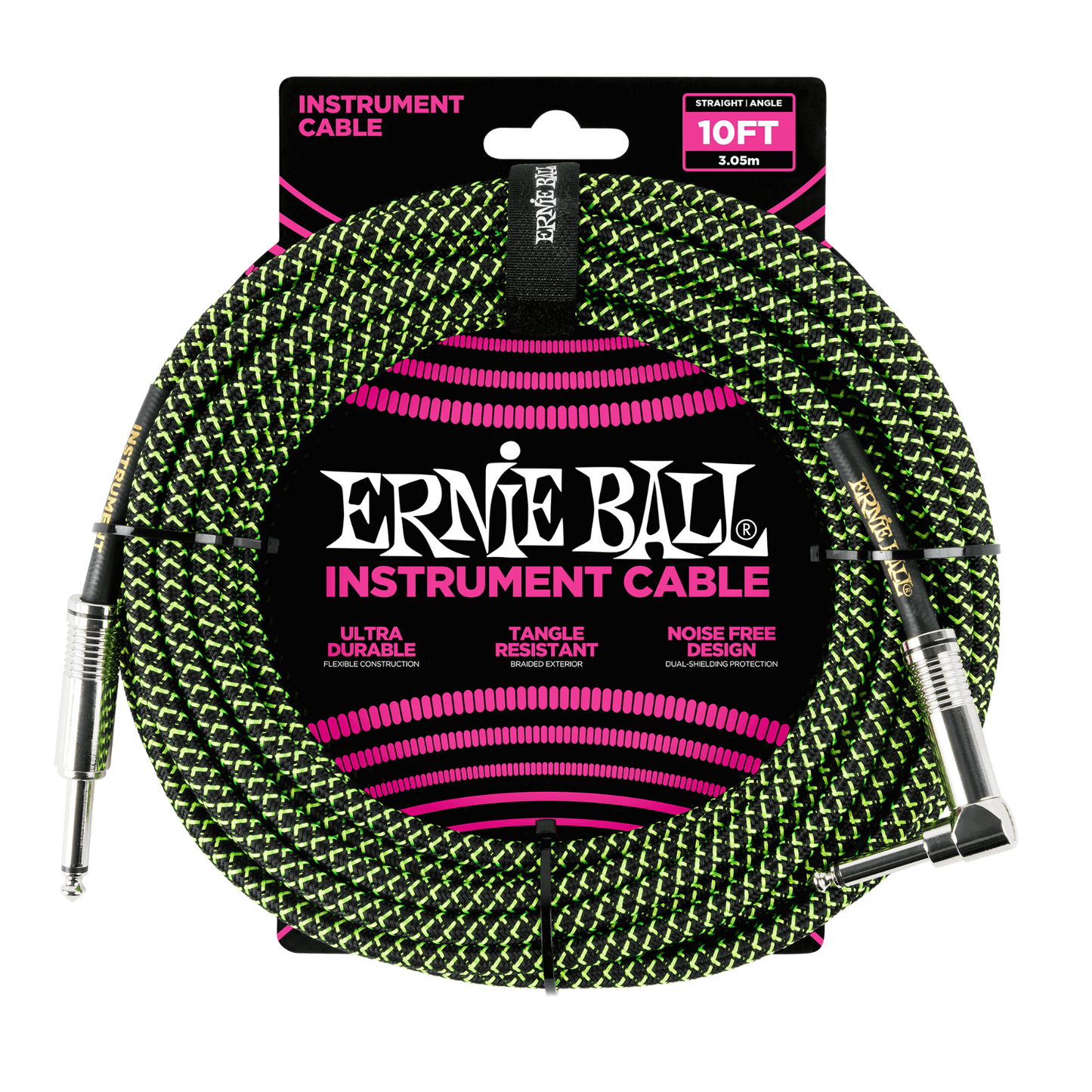 Ernie Ball 10ft Braided Black-Green Tangle Free Guitar / Instrument Cable Lead