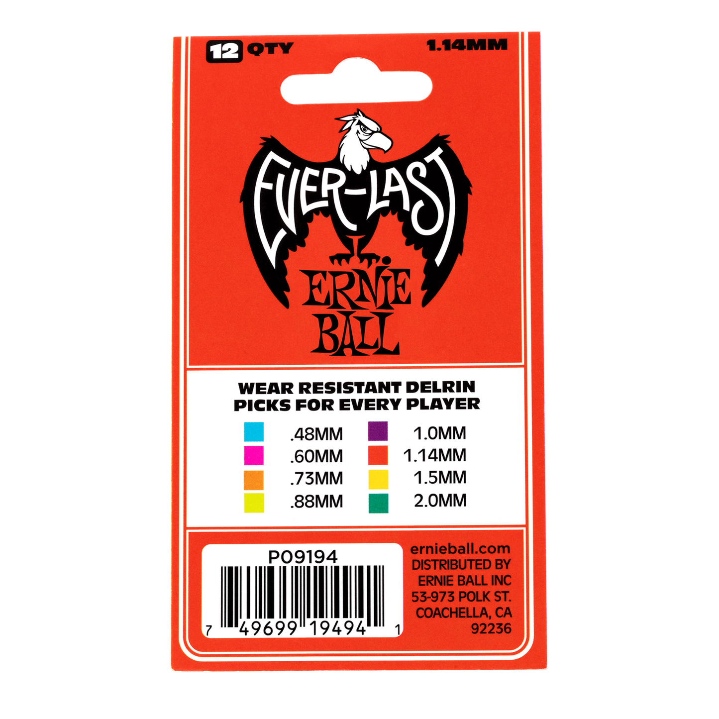 Ernie Ball Everlast 1.14mm Red Plectrums P09194 - (Bag of 12 Picks)