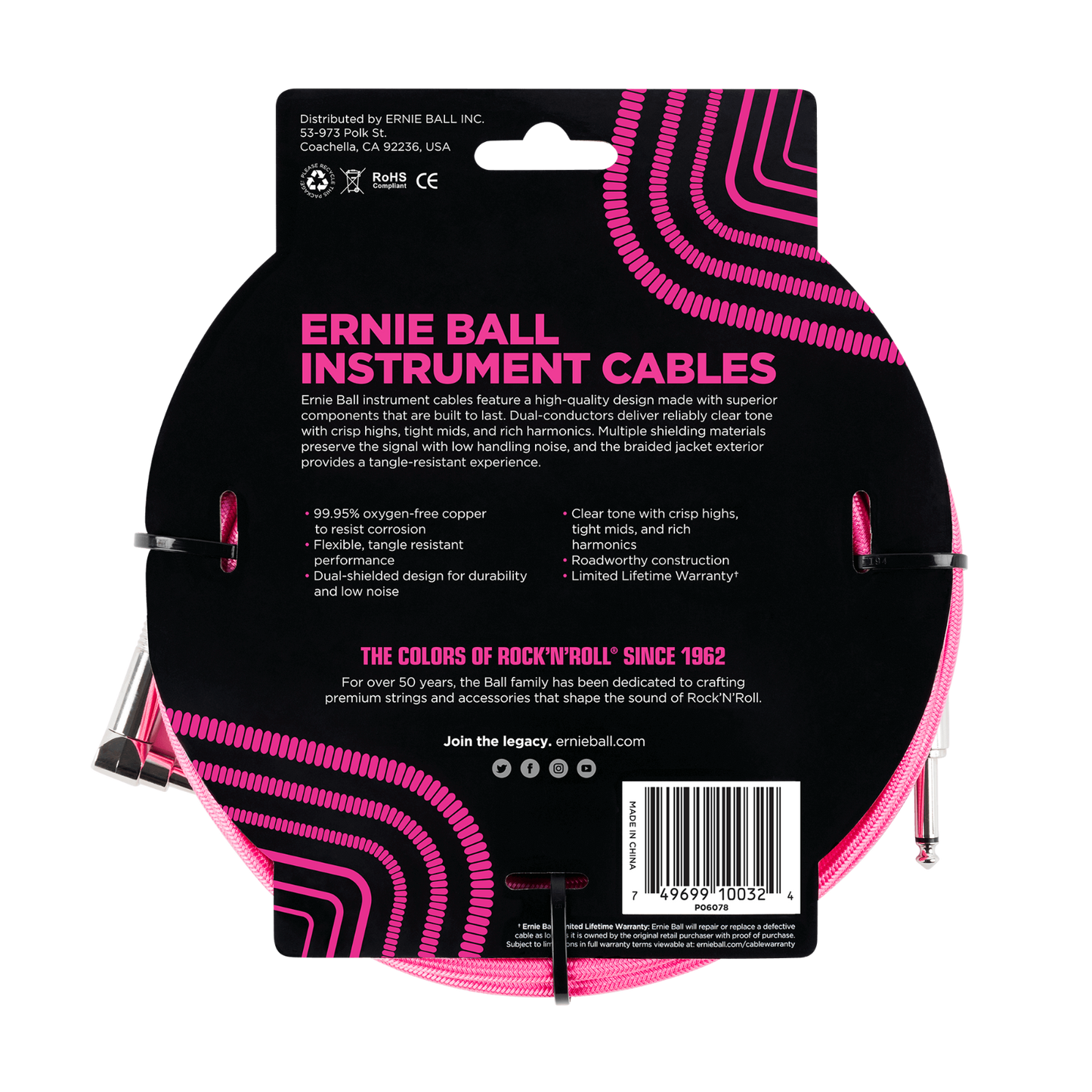 Ernie Ball 10ft Braided Neon Pink Tangle Free Guitar / Instrument Cable Lead