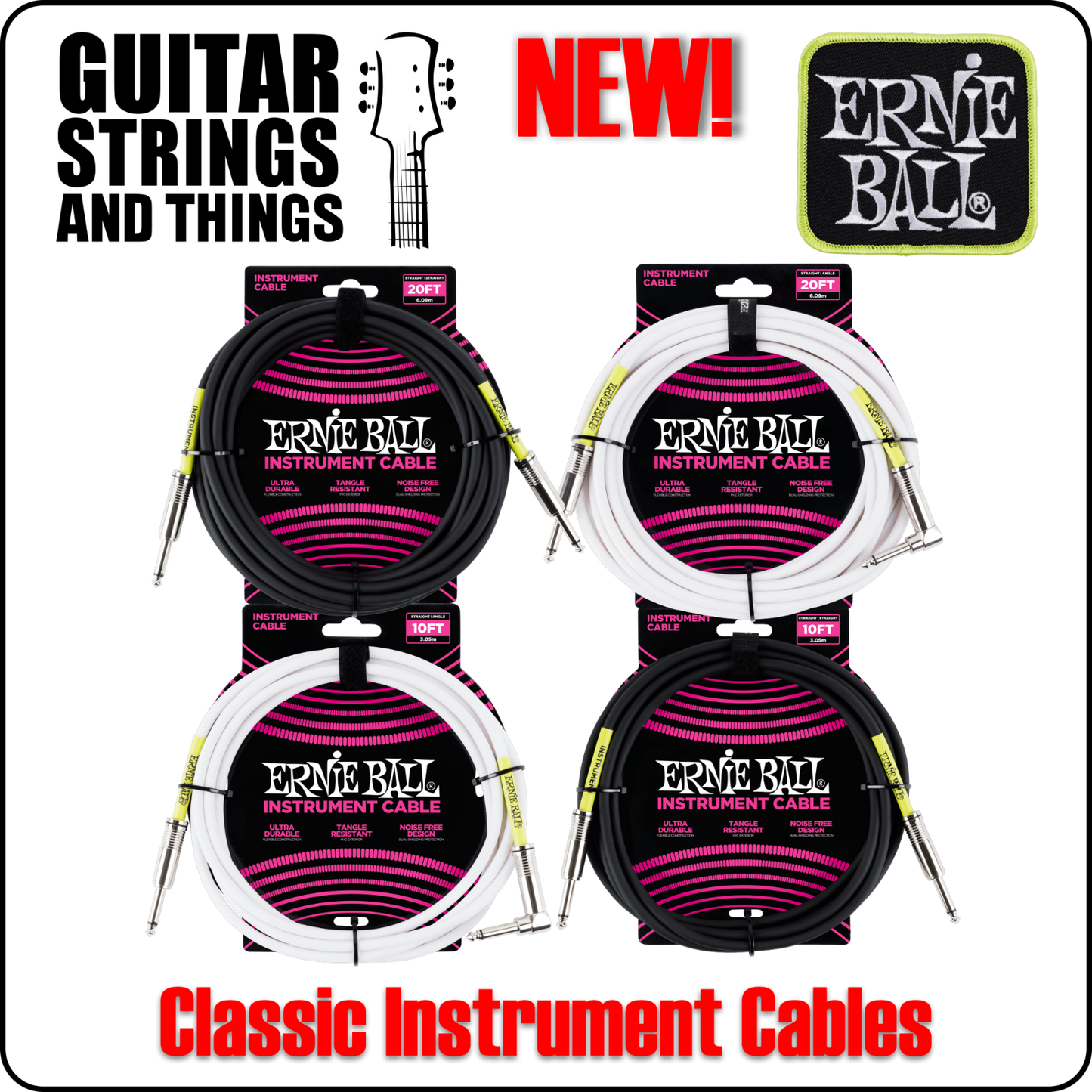 Ernie Ball 10ft & 20ft Ultraflex Classic Guitar / Instrument Cables / Leads