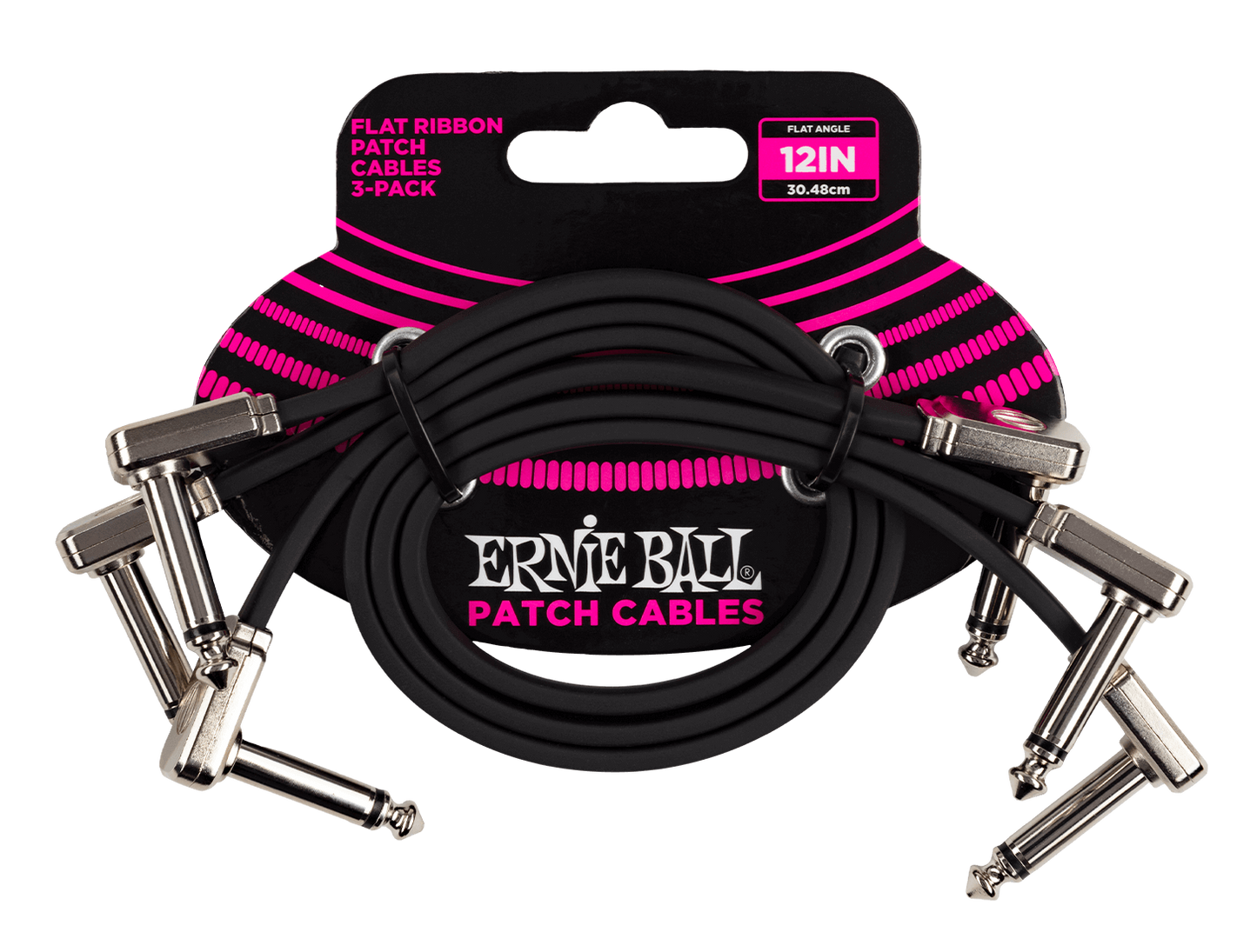 Ernie Ball 12 inch Flat Ribbon 3-Pack Black Angled Patch Cables / Lead 6222