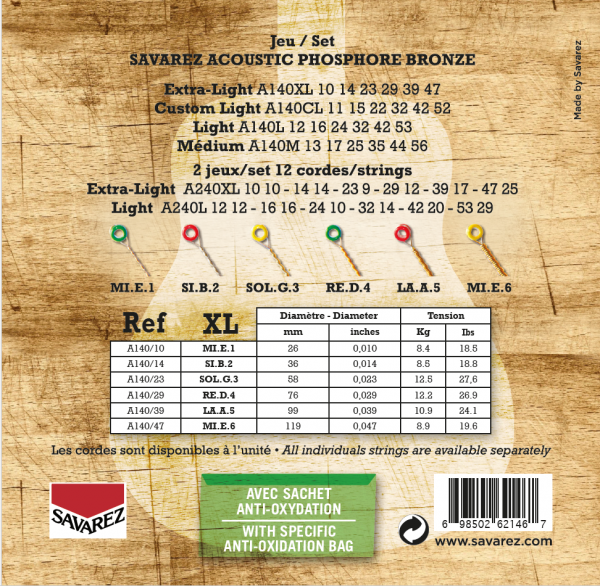 Savarez Extra Light 10-47 Phosphor Bronze Acoustic Guitar Strings A140XL