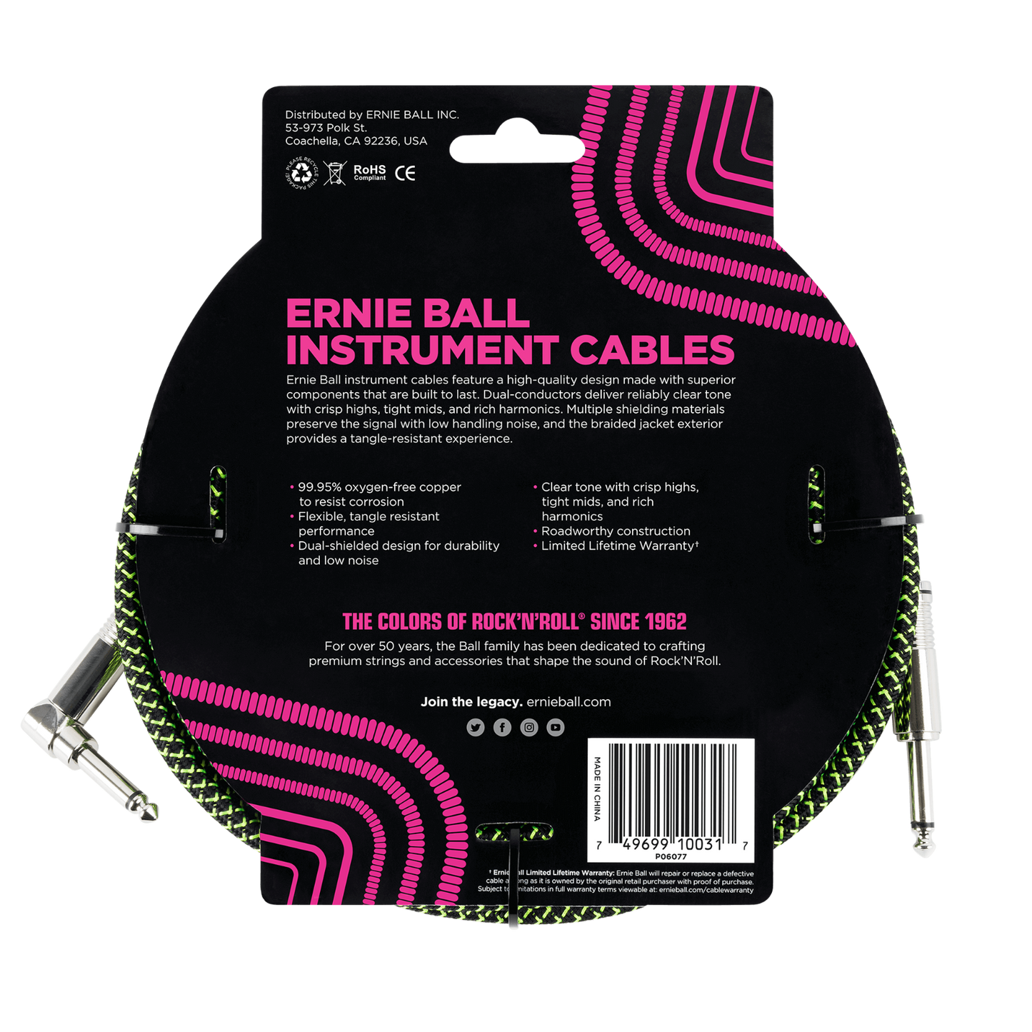 Ernie Ball 10ft Braided Black-Green Tangle Free Guitar / Instrument Cable Lead
