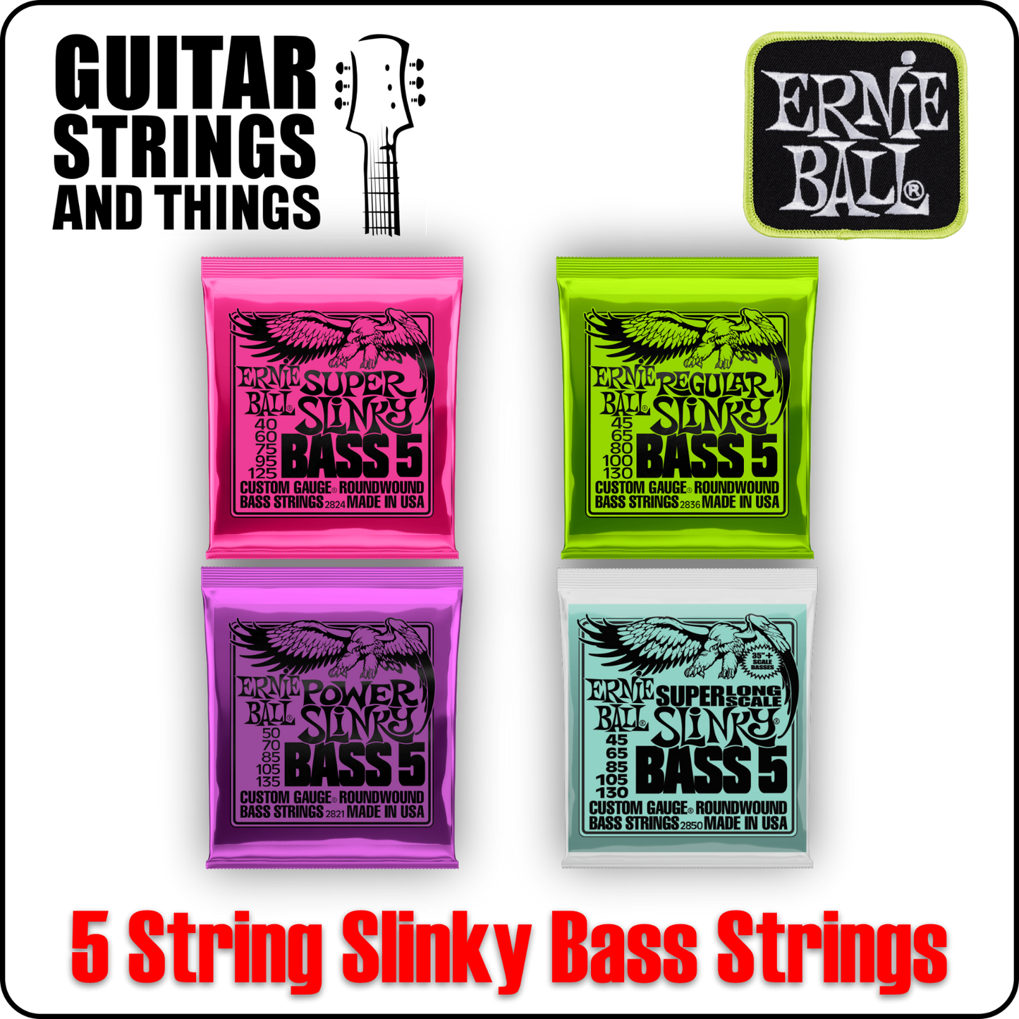 Ernie Ball 5 String Slinky Nickel Bass Strings Super Regular Power Super Long