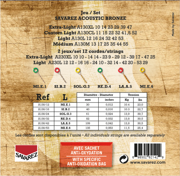 Savarez Light 12-53 80/20 Bronze Acoustic Guitar Strings A130L
