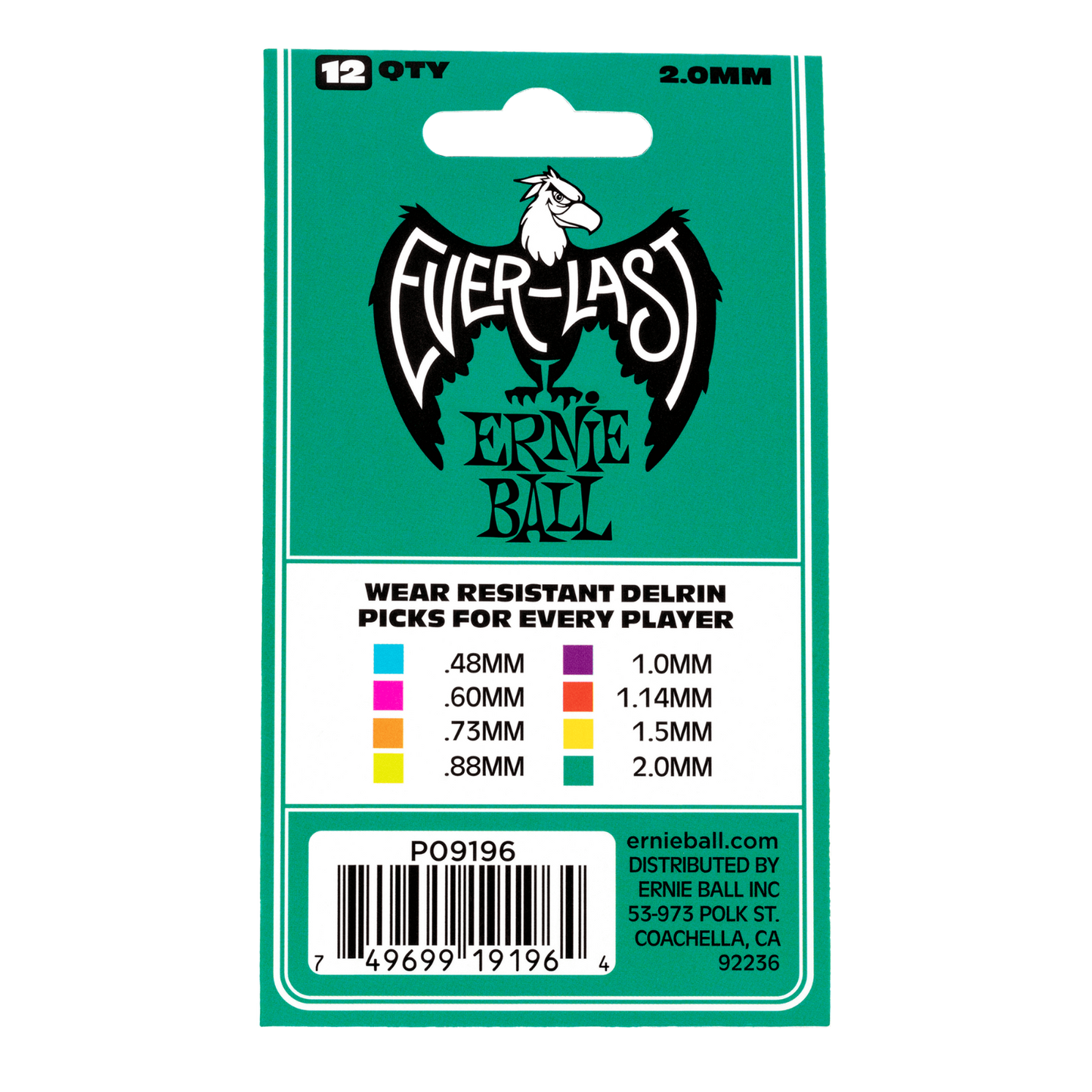 Ernie Ball Everlast 2.00mm Teal Plectrums P09196 - (Bag of 12 Picks)