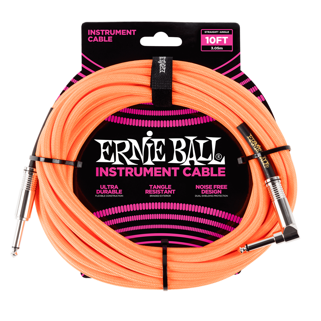 Ernie Ball 10ft Braided Neon Orange Tangle Free Guitar / Instrument Cable Lead