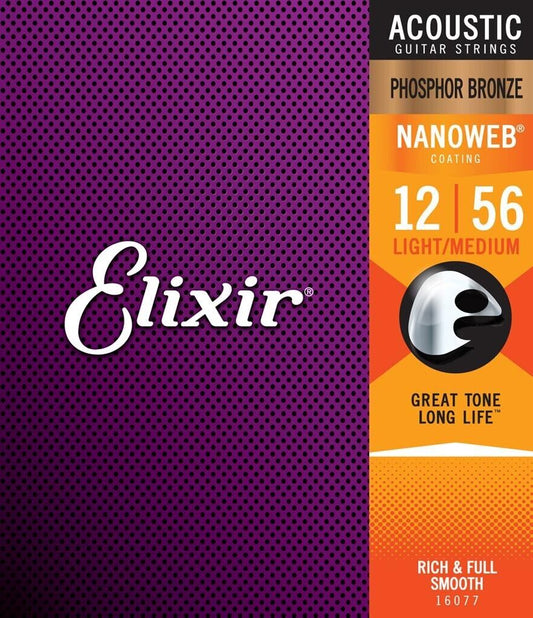 Elixir Nanoweb Coated 12-56 Light Medium Phosphor Bronze Acoustic Strings 16077