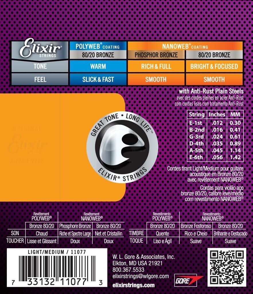 Elixir Nanoweb Coated 12-56 Medium 80/20 Bronze Acoustic Strings 11077