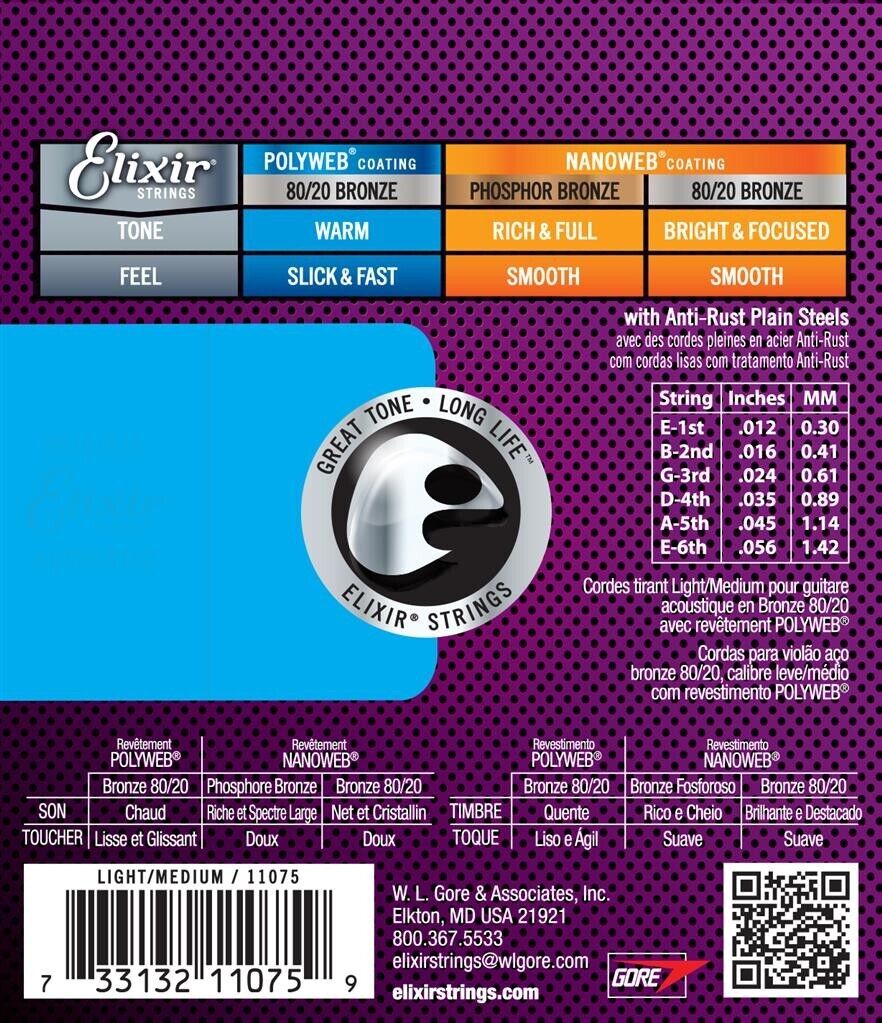 Elixir Polyweb Coated 12-56 Light/Medium  80/20 Bronze Acoustic Strings 11075