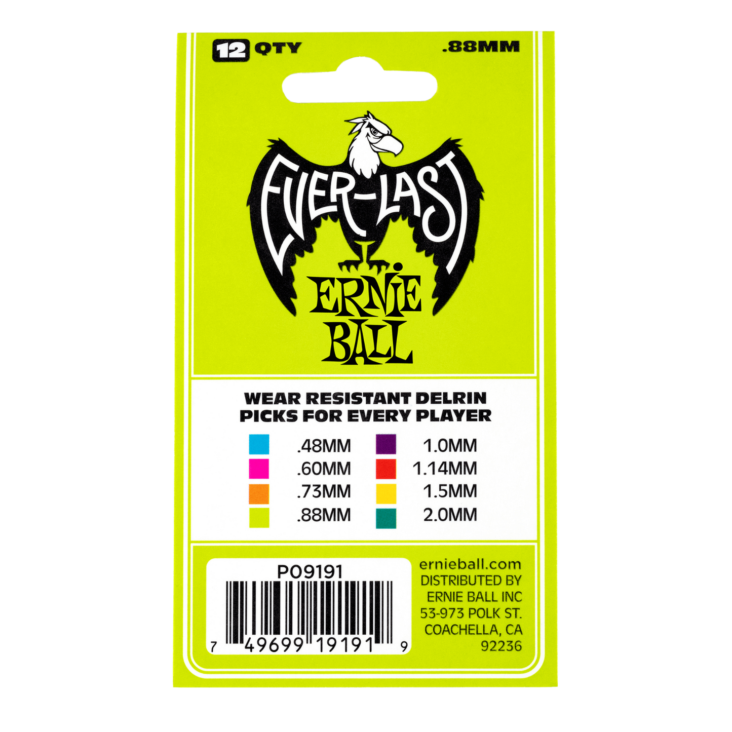 Ernie Ball Everlast 0.88mm Green Plectrums P09191 - (Bag of 12 Picks)