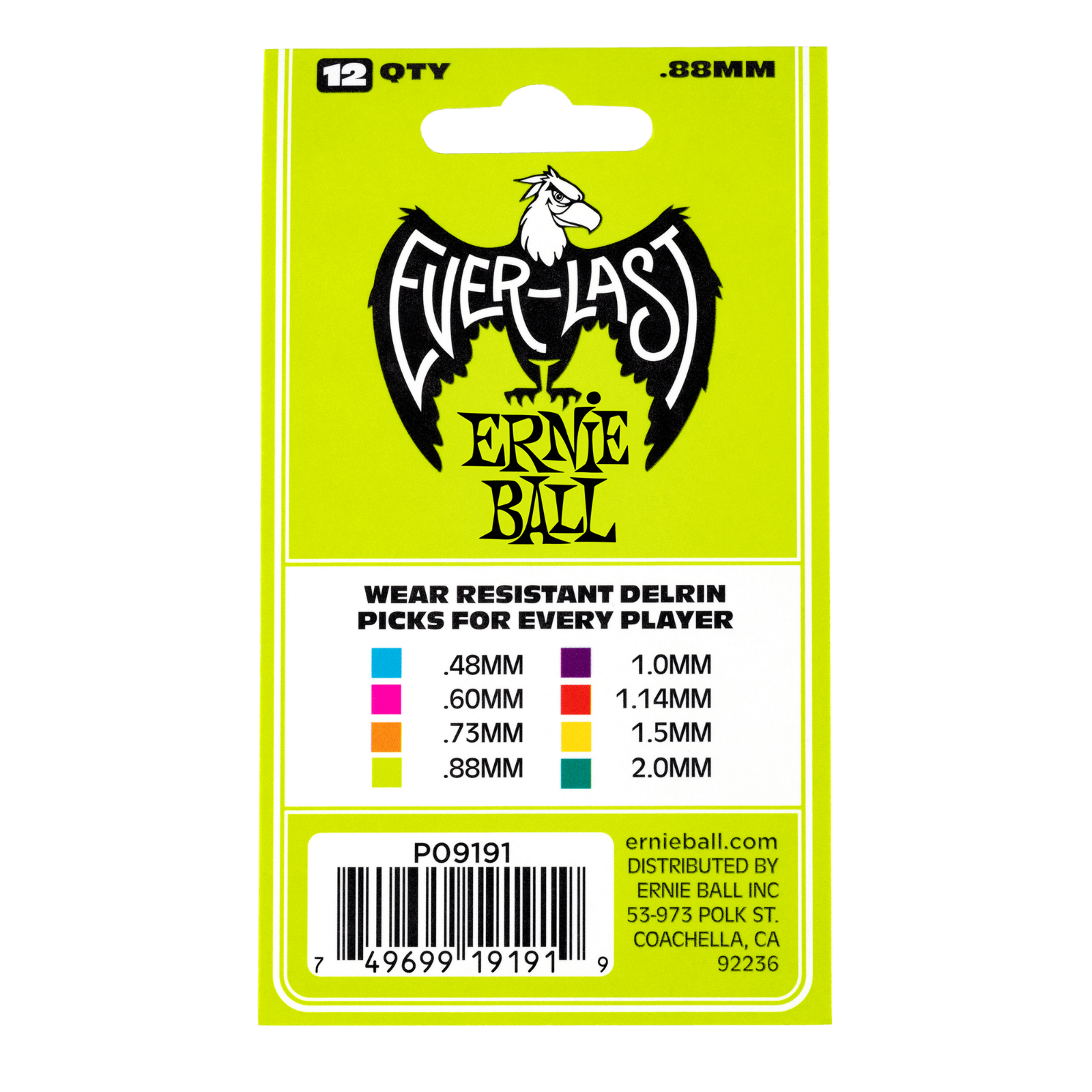 Ernie Ball Everlast 0.88mm Green Plectrums P09191 - (Bag of 12 Picks)