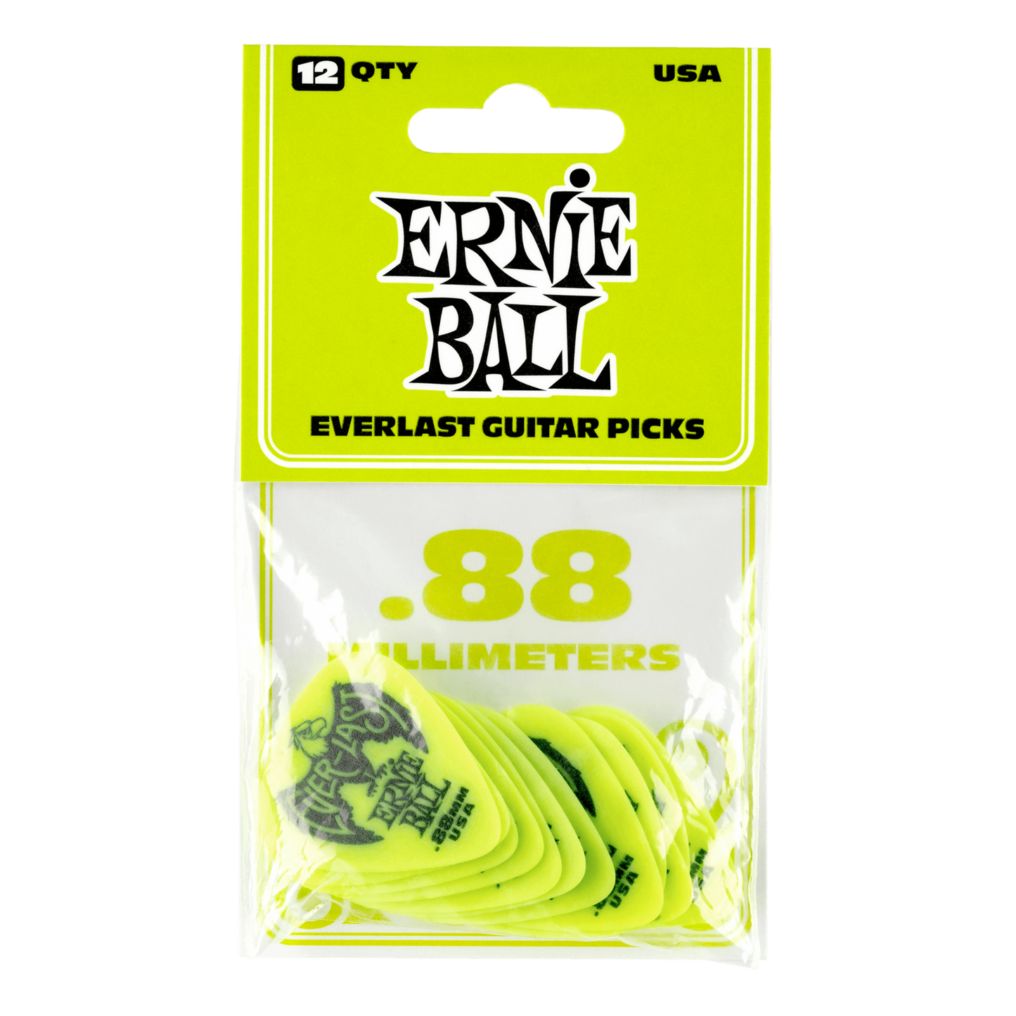 Ernie Ball Everlast 0.88mm Green Plectrums P09191 - (Bag of 12 Picks)