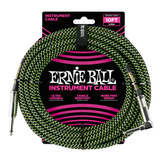 Ernie Ball 10ft Braided Black-Green Tangle Free Guitar / Instrument Cable Lead
