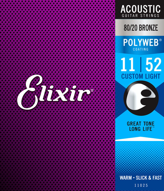 Elixir Polyweb Coated 11-52 Custom Light 80/20 Bronze Acoustic Strings 11025