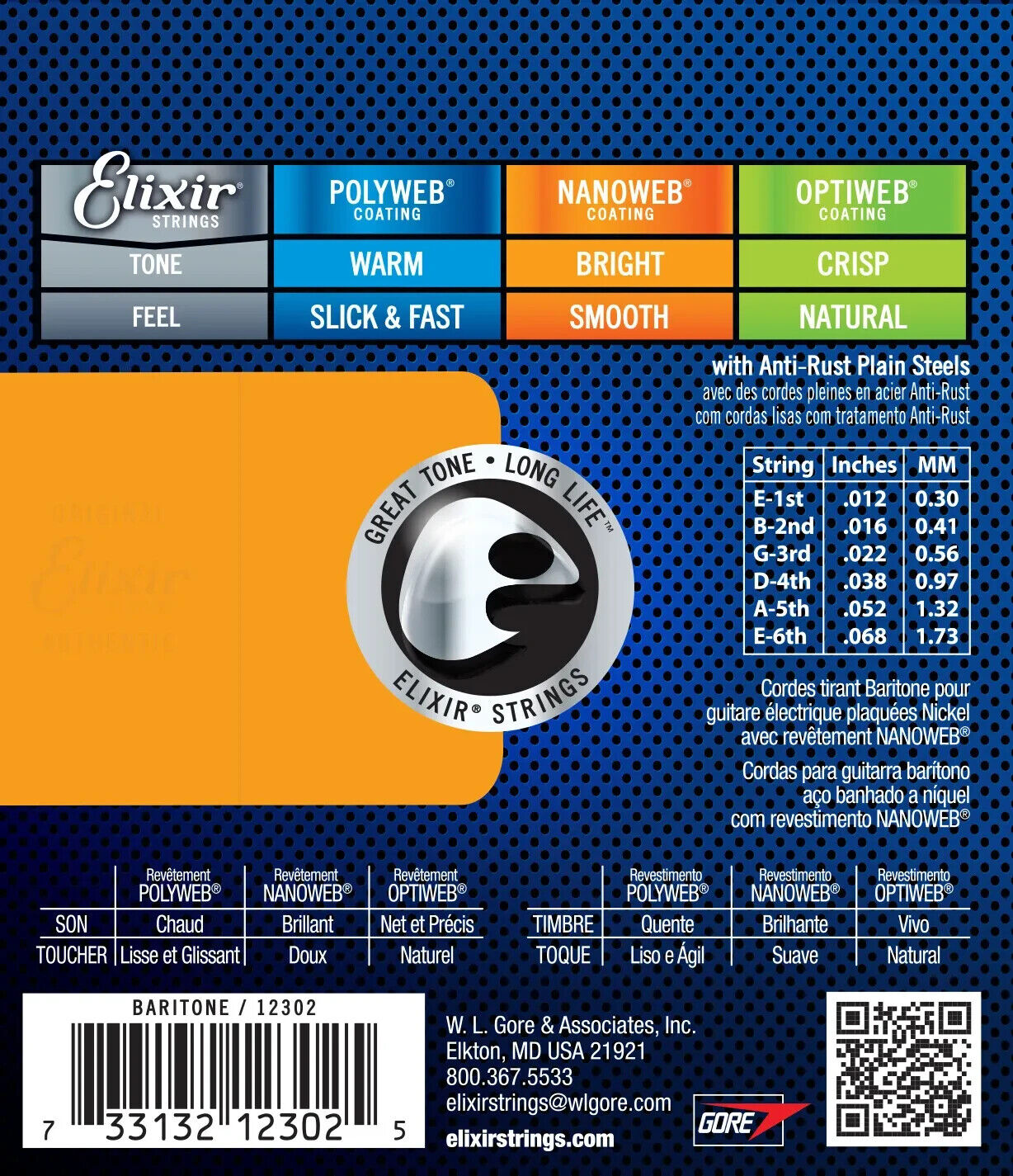 Elixir Nanoweb Coated 12-68 Baritone Nickel Electric Guitar Strings 12302