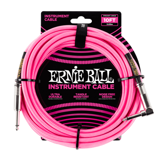 Ernie Ball 10ft Braided Neon Pink Tangle Free Guitar / Instrument Cable Lead