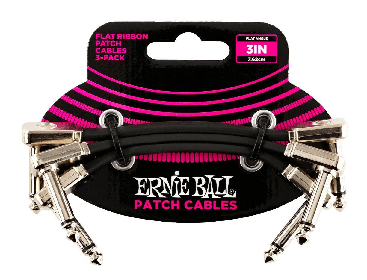 Ernie Ball 3 inch Flat Ribbon 3-Pack Black Angled Patch Cables / Lead 6220