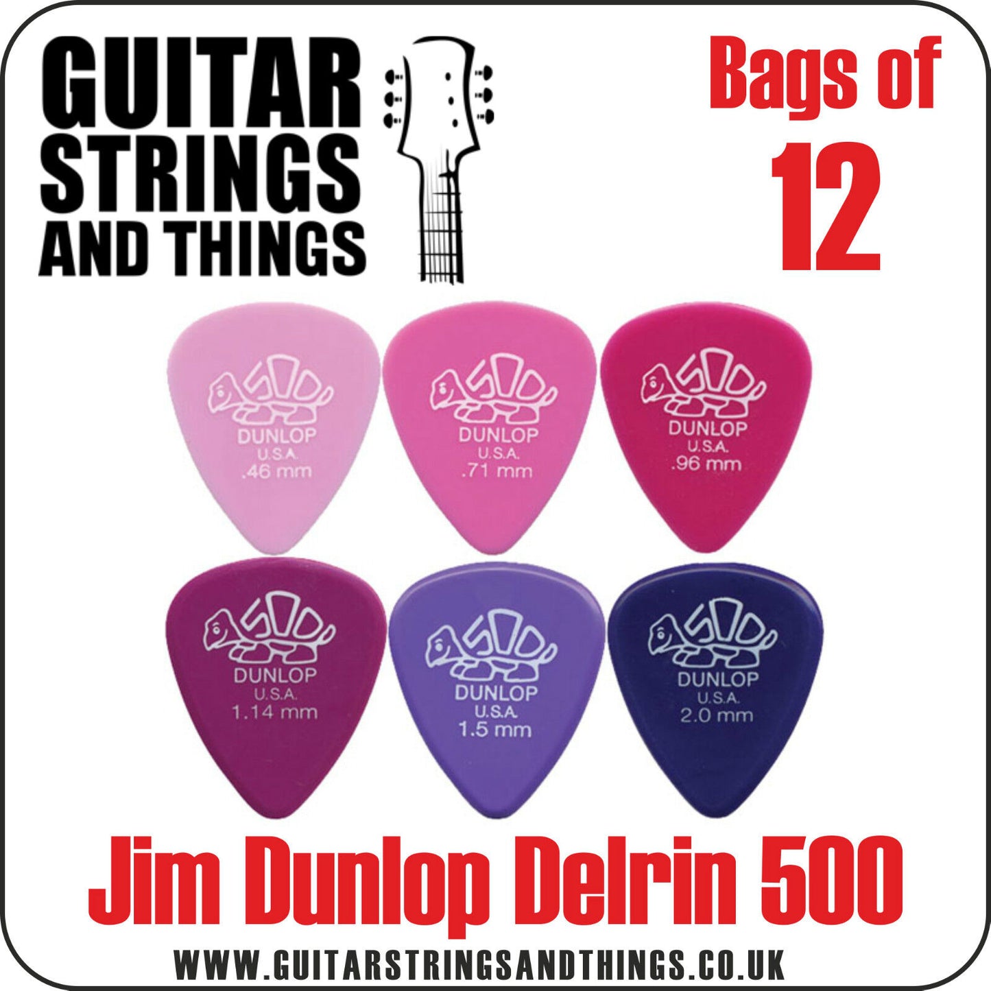 Jim Dunlop Delrin 500 Plectrums - Bags of 12 Picks 